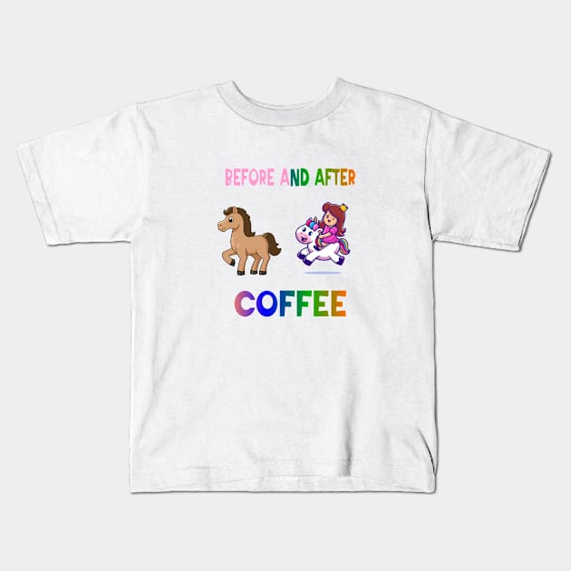 Before and after coffee Unicorn Kids T-Shirt by A Zee Marketing